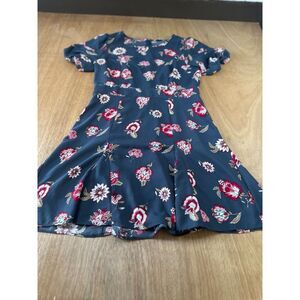 LOFT Floral Fit & Flare Dress Womens 8 Charcoal Gray Red Floral Back Zip